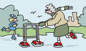 Ouderdom-cartoon-bejaarde-oma-met-ijsrollator-looprek